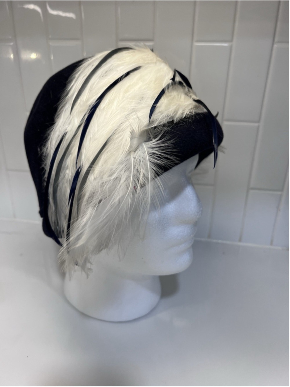 Vintage Women’s Cloche Hat Jack McConnell Navy Blue W White Feathers